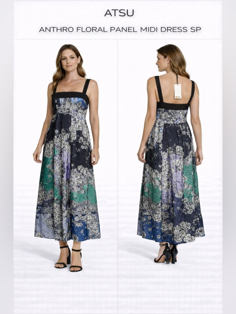 ATSU Anthropologie Floral Panel Midi Dress in Black, Green & Purple Size SP